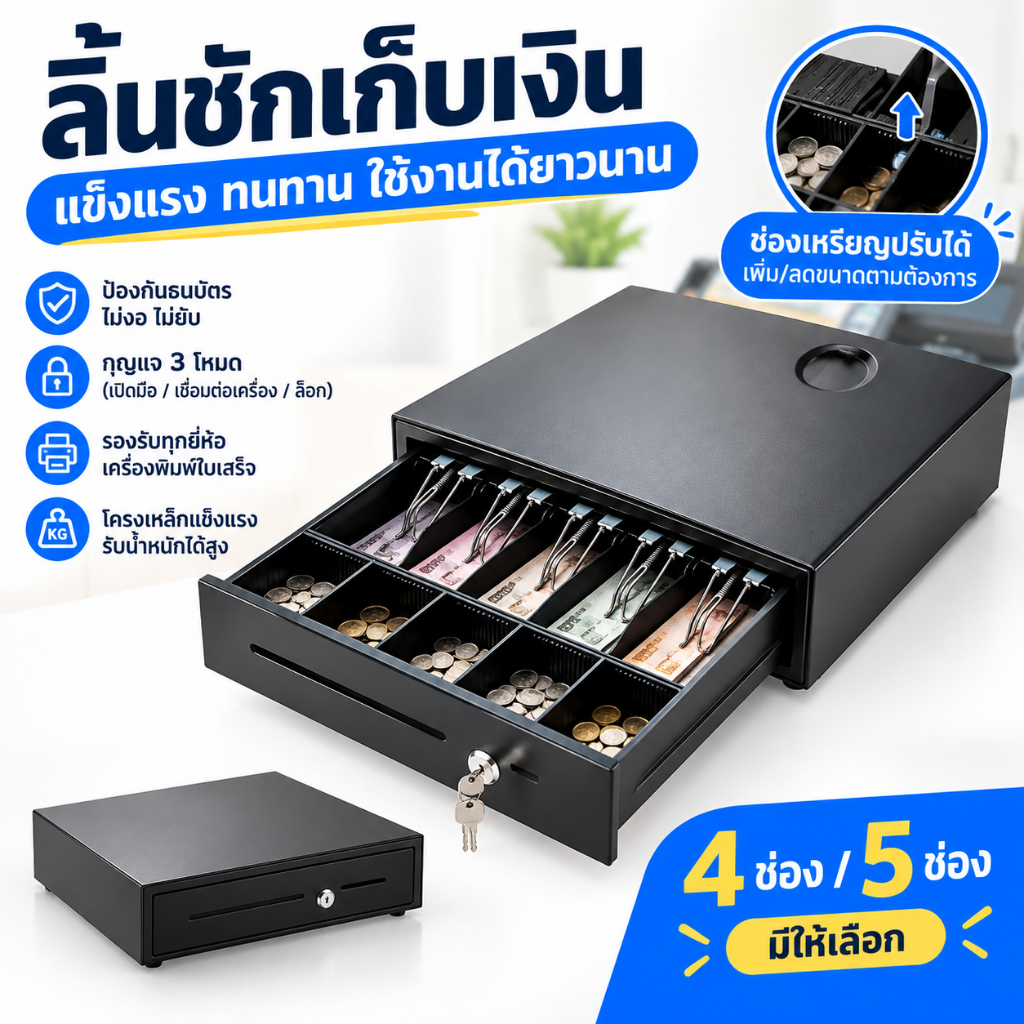 ลิ้นชักเก็บเงินเหล็ก 4/5 ช่อง แข็งแรงรับน้ำหนัก 10 กก. รองรับเครื่องพิมพ์ใบเสร็จทุกยี่ห้อ ล็อกกุญแจ 3 ตำแหน่ง