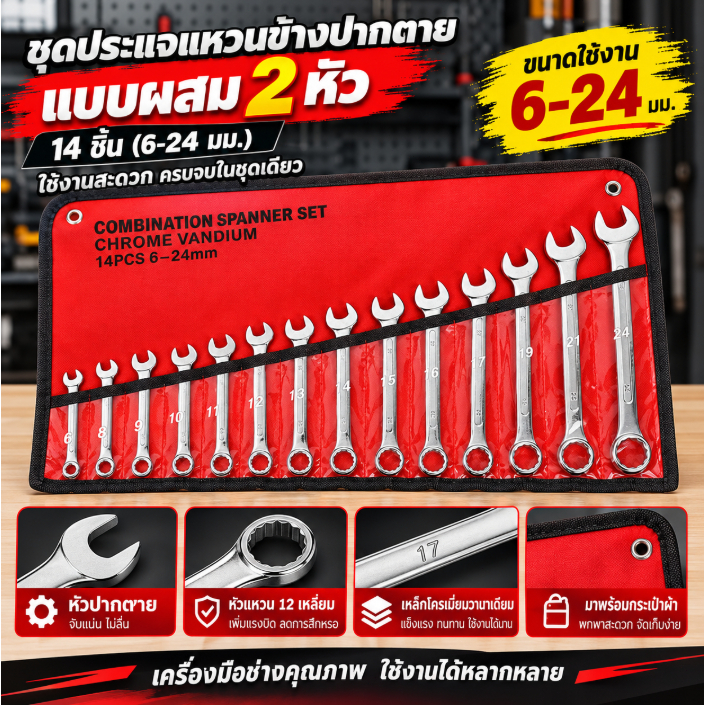 ประแจแหวนข้างปากตาย (เบอร์ใหญ่ ขนาด 6-32mm. และ 10-32mm.) 14 ชิ้น/26ชิ้น/ชุด USA แท้ 100%