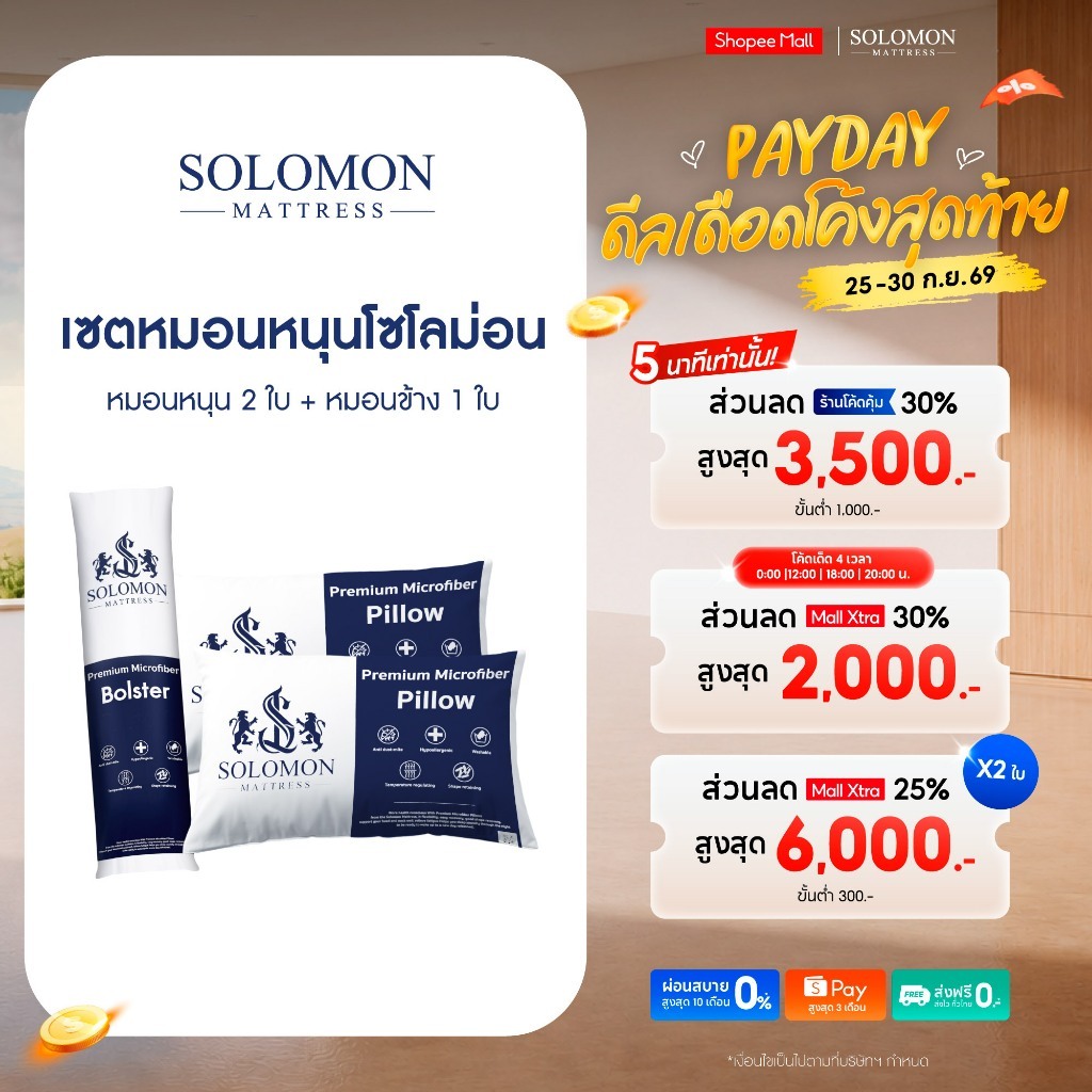 Solomon ชุดหมอนหนุน 2 ใบและหมอนข้าง 1 ใบ ผลิตจากใยพรีเมียม นุ่มสบาย ในราคาสุดคุ้ม