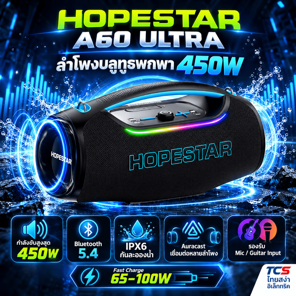 Hopestar A60 Ultra ลำโพงบลูทูธพลังเสียง 450W + ไมค์ UHF ไร้สาย ของแท้รับประกันศูนย์ไทย 1ปี