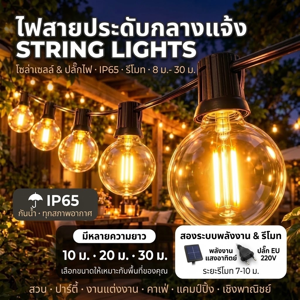 ไฟปิงปอง โซล่าเซลล์ LED Solar String Light LED กันน้ำ IP65 7/10/15M โคมไฟ แสงวอร์ม ไฟตกแต่งสวน ไฟปีใหม่