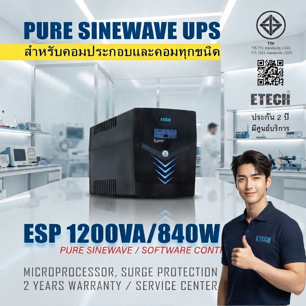 UPS 1200VA/840W เพียวซายน์เวฟ100% E-TECH สำหรับคอมประกอบและคอมทุกชนิด ประกัน 2 ปี มีศูนย์บริการ
