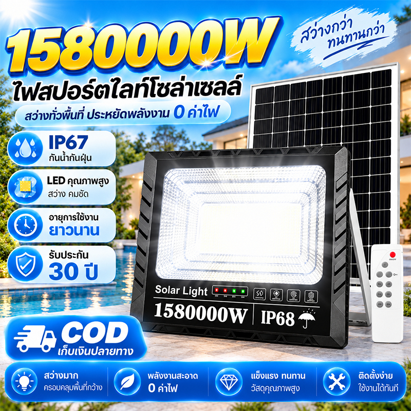 EEKOO【ซื้อ1แถม1】ไฟโซล่าเซลล์ 1580000W LED IP68 กันน้ำ เปิดอัตโนมัติเมื่อมืด สำหรับสวนและกลางแจ้ง เปลี่ยนฟรี 30ปี