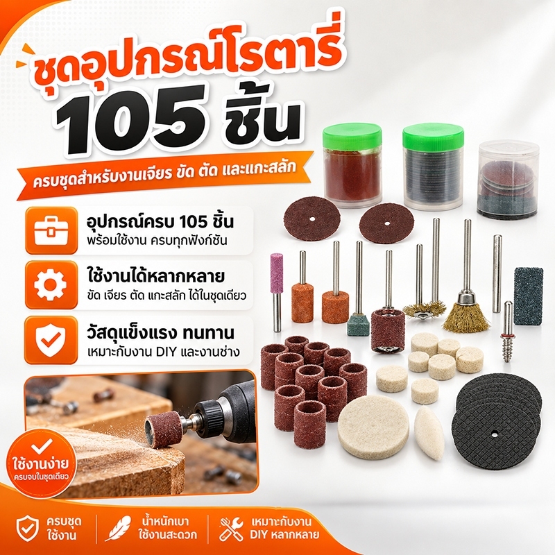 【105ชิ้น】ชุดอุปกรณ์ขัดเจียร 3mm ใช้กับเหล็ก ไม้ หิน ขัดเงา ขจัดสนิม ตัด ครบเซ็ท อุปกรณ์เสริมสำหรับงาน DIY