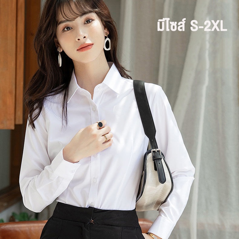ส่งจากไทย🌻เสื้อเชิ้ตผู้หญิง เสื้อแขนยาว คอปก ทรงเข้ารูป เหมาะสำหรับทั้งทำงานและออฟฟิศ ใส่สบาย (ขาว /สีดำ) #F059