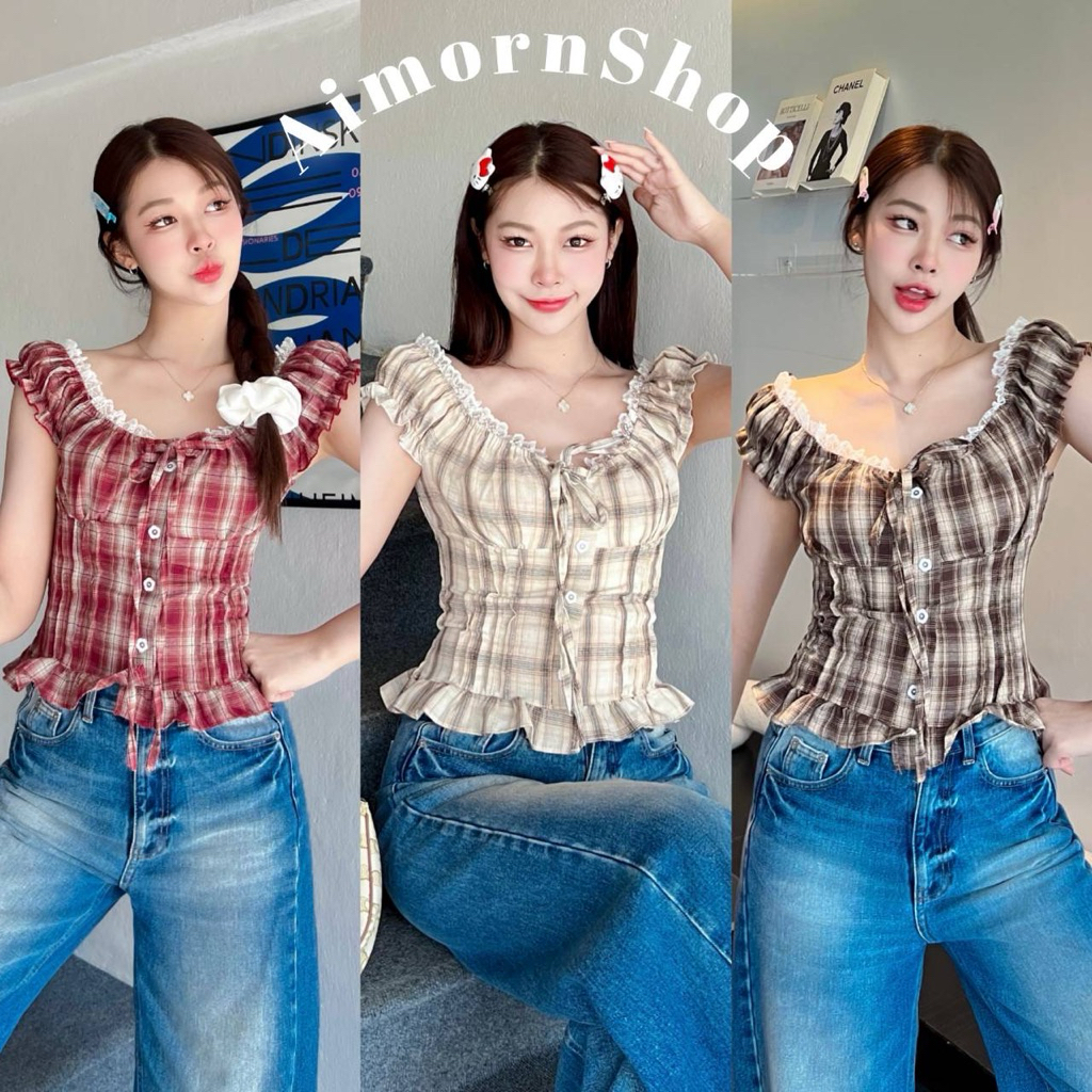 aimorn_shop เสื้อปาดไหล่ แขนตุ๊กตา ลายสก็อตแต่งระบายลูกไม้รอบตัว ใส่ได้2แบบ น่ารักสุดๆ – โปรปัง
