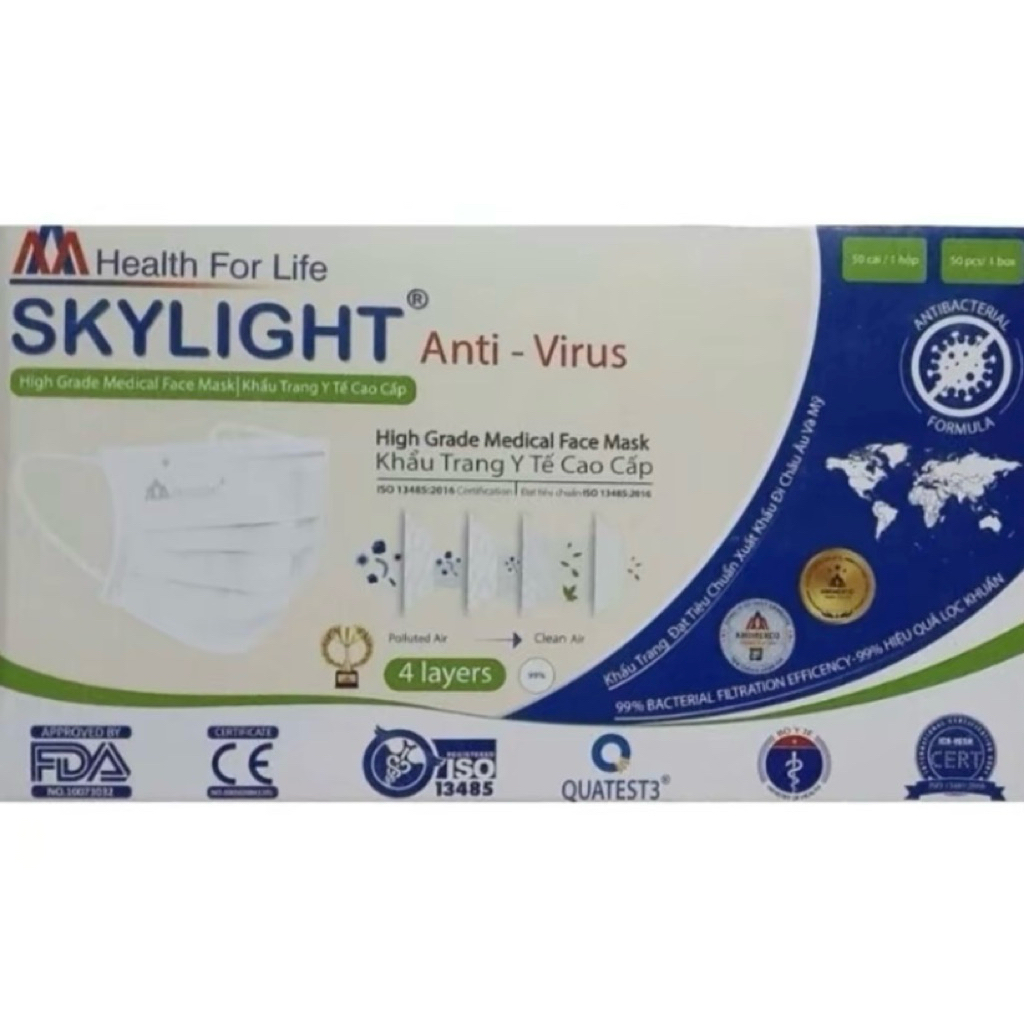 1 กล่อง 50 ชิ้นหน้ากากอนามัย 4 ชั้น เกรดการแพทย์ skylight ปกกันฝุ่น และแบคทีเรีย