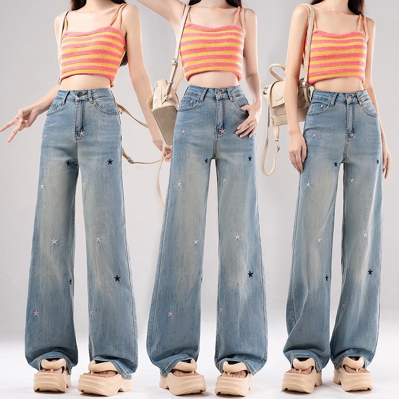 S~5XL Baggy jeans กางเกงยีนส์เอวสูงสีน้ำเงินปัก กางเกงลายปักดาวสุดเทรนดี้ กางเกงยีนส์ทรงตรงสไตล์ลำลองอเนกประสงค์ HOT