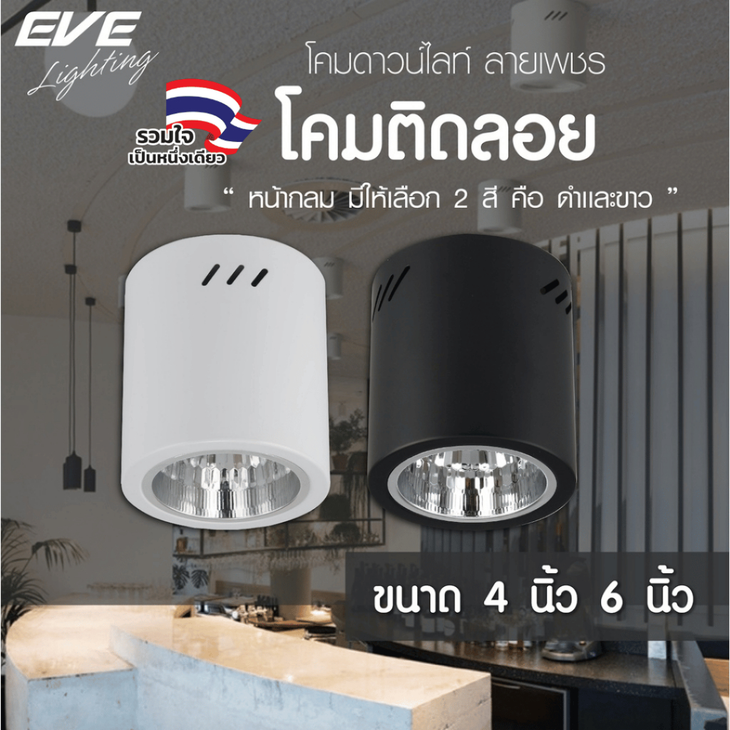 EVE โคมไฟติดเพดาน ทรงกลม ชนิดติดลอย  รุ่น EL ขนาด 4 นิ้ว และ 6 นิ้ว โคมสีดำ/ขาว 