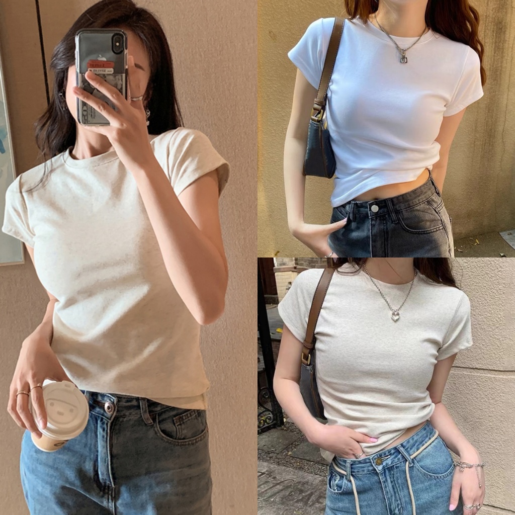 Hotgirl พร้อมส่งจากกทม เสื้อยืดสีขาวผู้หญิง เสื้อยืดคอกลมแฟชั่นย้อนยุคสไตล์อเมริกัน