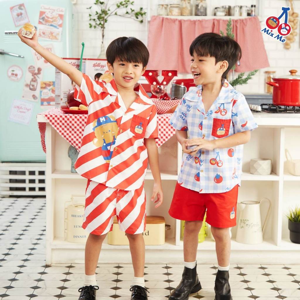 Mix Me เสื้อเชิ้ต กางเกงขาสั้น ลายเชอรี่ ผ้า Oxford 100%Cotton เด็กชาย อายุ 1-7 ปี เสื้อผ้าเด็ก รุ่น 400408/400412