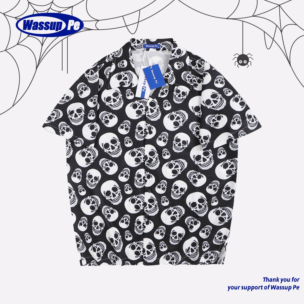 😈😈วันฮาโลวีน เสื้อฮาวาย ลายกะโหลก สีส้มสีดำ ตลกน่ารัก ผ้านุ่มสวมสบาย  ชุดธีมเทศกาล ชุดสำหรับงานปาร์ตี้//Wassuppe