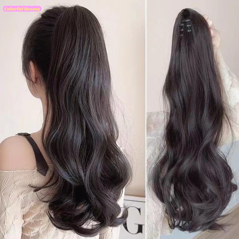 35/45/55ซม ธรรมชาติยาวหยิกผมหางม้าสูงคลิป แฮร์พีชหางม้าแบบหนีบ แฮร์พีชหางม้า วิกผมยาวหยิกพร้อมคลิปกรงเล็บ วิกผมตรง