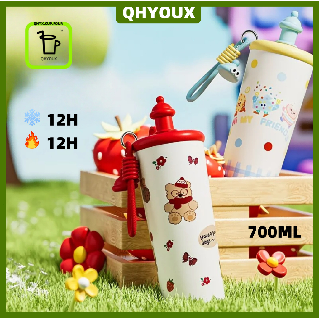 QHYOUH CUP จัดส่งจากท้องถิ่น🚚 แก้วน้ํา แก้วสแตนเลส แก้วเก็บความเย็น แก้วน้ำพกพาลายการ์ตูน SUS316วัสดุที่ปลอดภัย 700มล