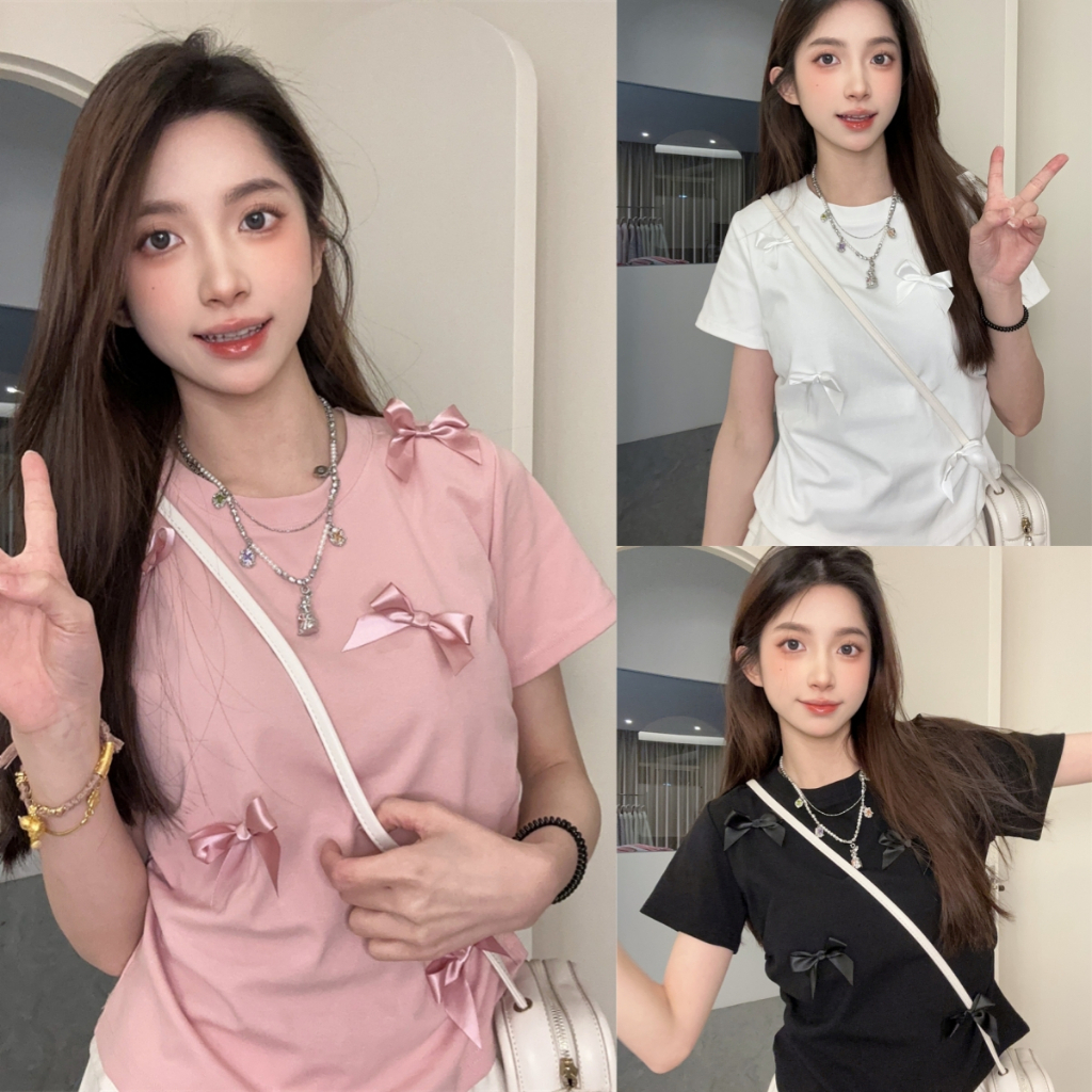 Bella Shop  เสื้อยืดแขนสั้น ผูกโบว์ น่ารัก หวานๆ ใส่สบาย แฟชั่นสำหรับผู้หญิง