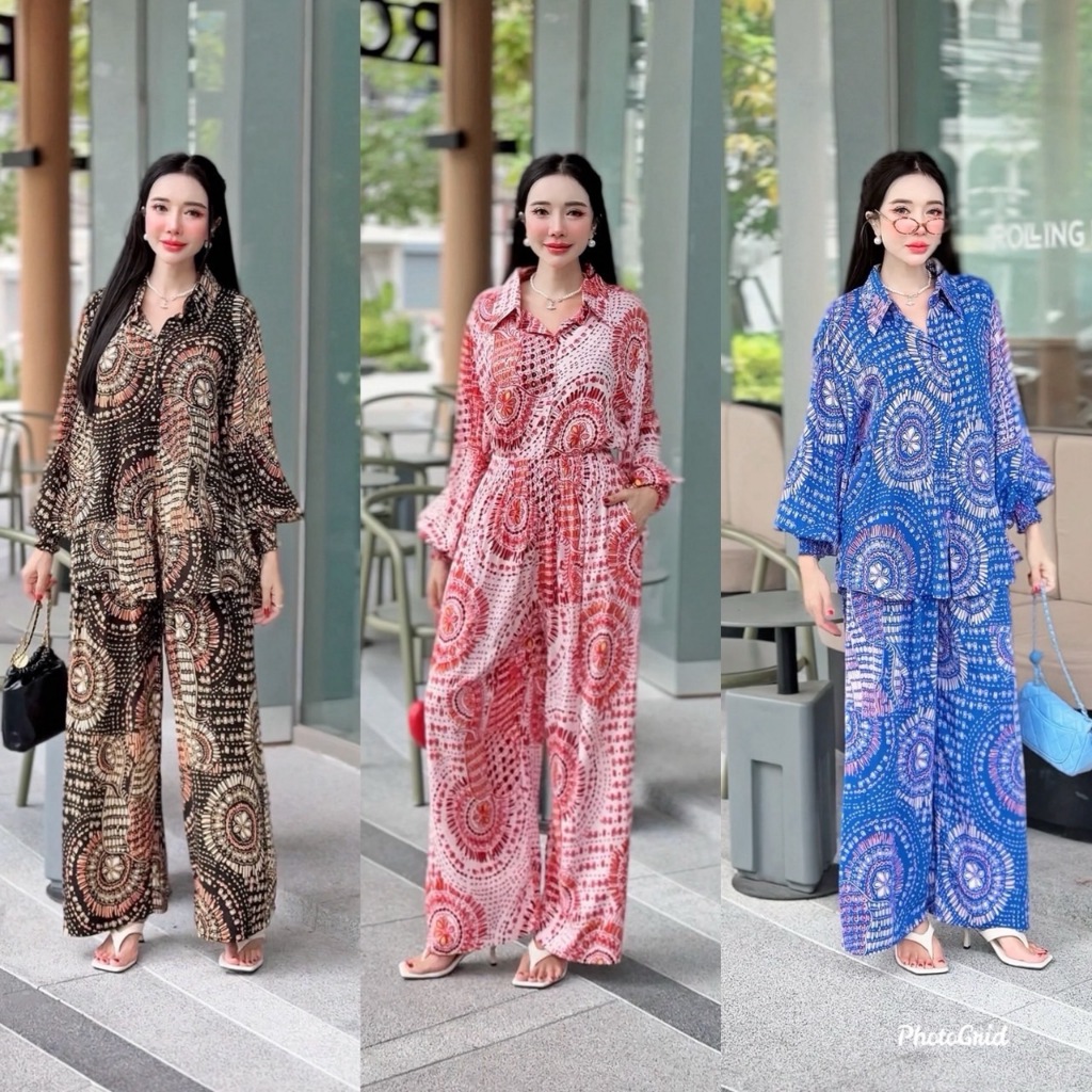สินค้าพร้อมส่งในไทย ชุดเซ็ตเสื้อ+กางเกงขายาว ทรงover sizeสไตล์ลุคมาดามใส่เที่ยวชิวๆๆ แฟชั่นโบฮีเมียน