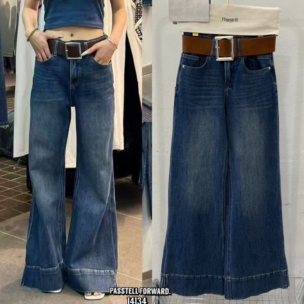 Korea darim denim jeans  With brown belt ยีนdarim ยีนยืดขาเบิ้ลผ่าปลายขา ทรงสวยมากค้าาาา มาพร้อม เข็