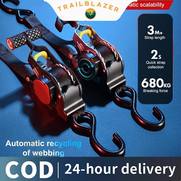 【Trailblazer​】Retractable Auto Ratchet Strap อัตโนมัติหด Bundle เทป Retractable เข็มขัดสําหรับรถจักรยานยนต์ความสะดวกสบาย