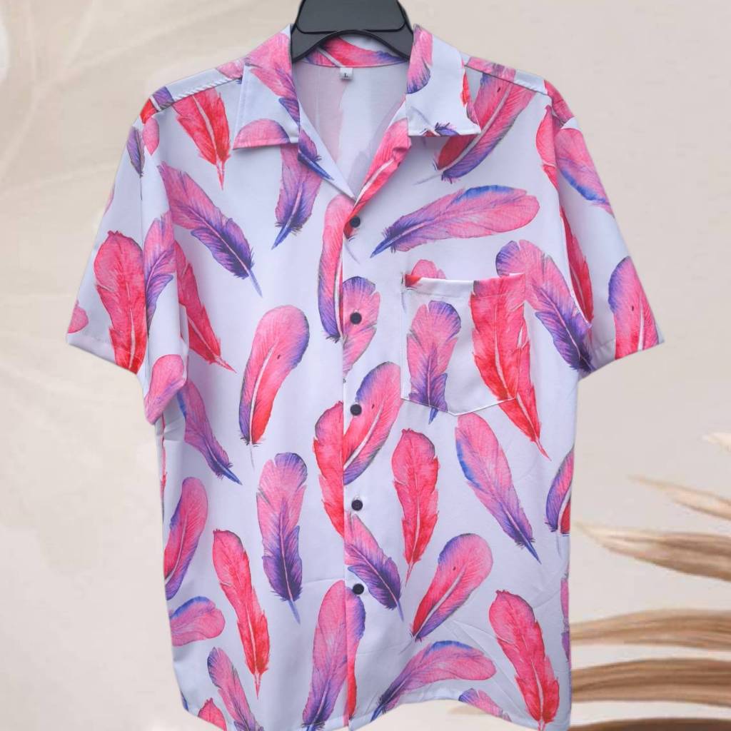 เสื้อเชิ้ตฮาวาย ลายขนนกชมพูใหญ่ (พื้นสีขาว) ผ้าไหมอิตาลี