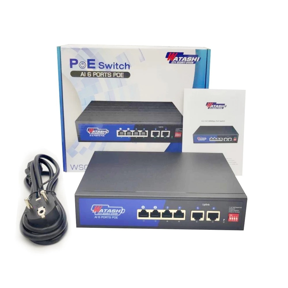 WATASHI รุ่น WSC098 Switch Hub POE 4 Port + UPLINK 2 Port สวิตช์ฮับ สำหรับงานกล้องวงจรปิด CCTV / ระบ