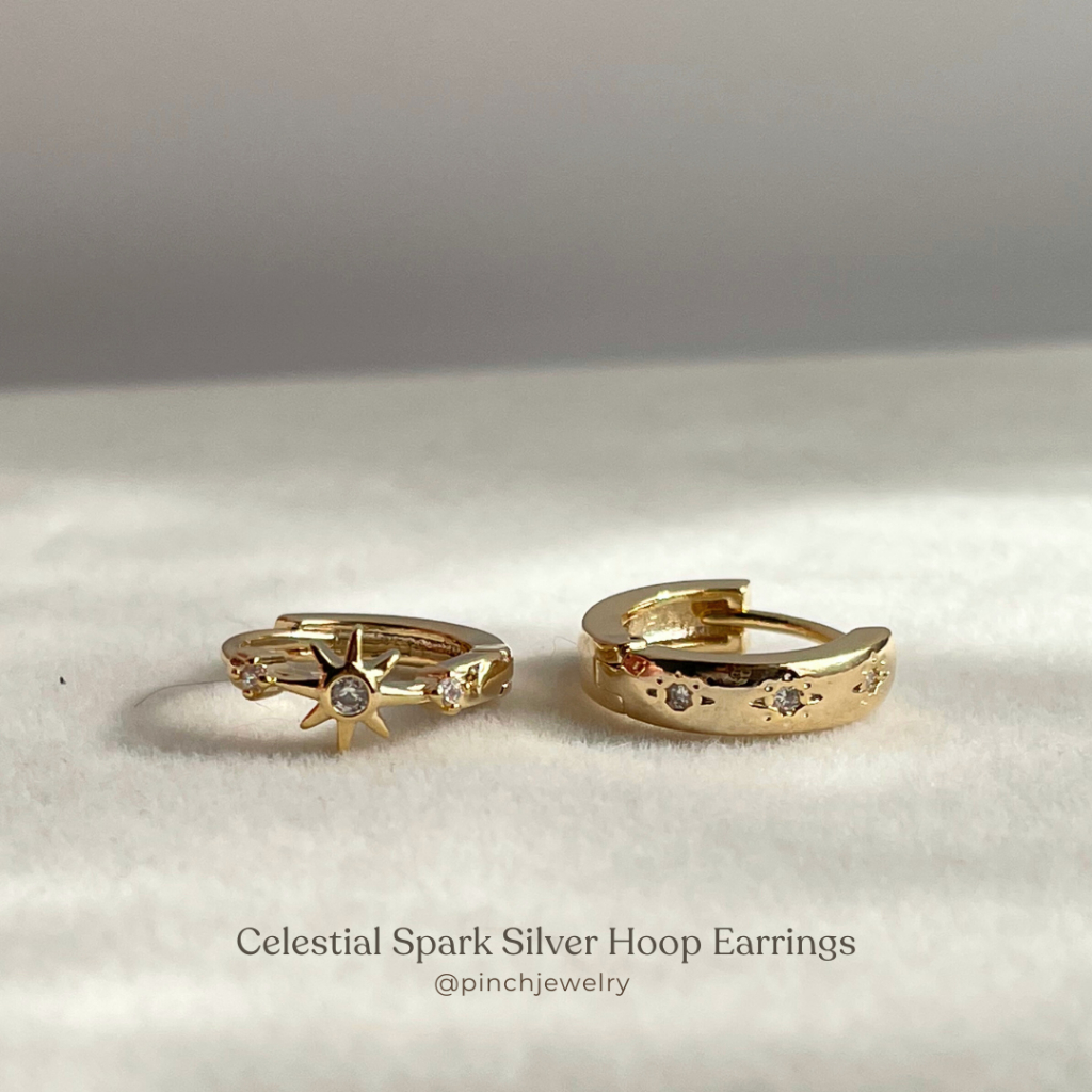 Pinch Celestial Spark Silver  Hoop Earrings ต่างหูห่วงดาวเงินประดับเพชร ก้านเงินแท้ S925