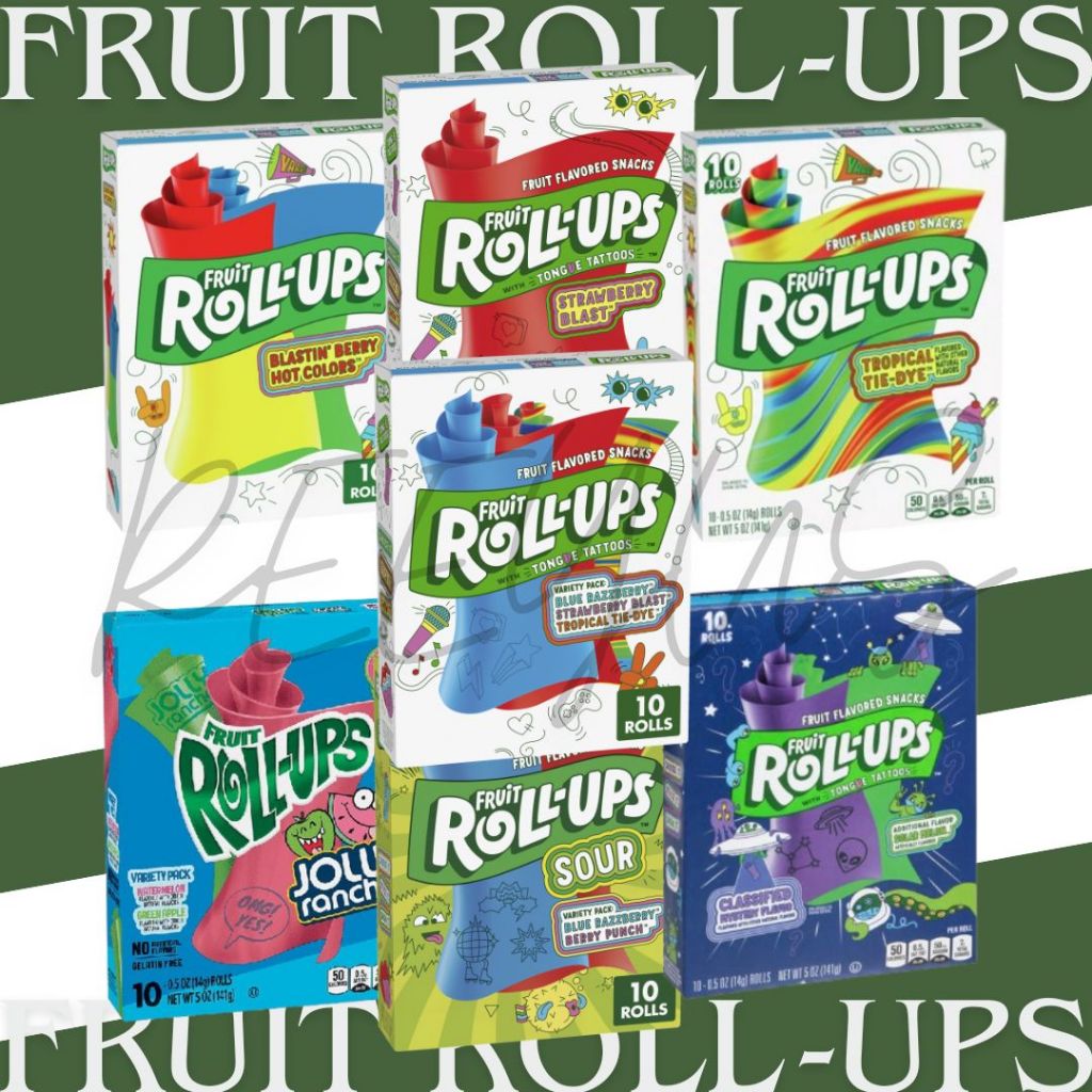 Fruit Roll-Ups with tongue tattoos 1กล่องจะมีประมาณ 10 ชิ้น น้ำหนัก 141 กรัม มี 7 รส จากสหรัฐอเมริกา