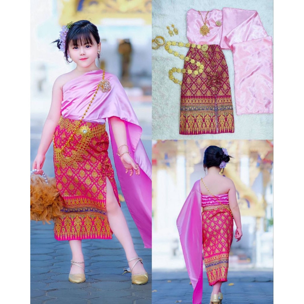 ชุดไทยเด็กผู้หญิงสไบ+กระโปรงยาวผ่าหน้าแต่งโบว์ พร้อมคาดผม (ไม่รวมเครื่องประดับ)