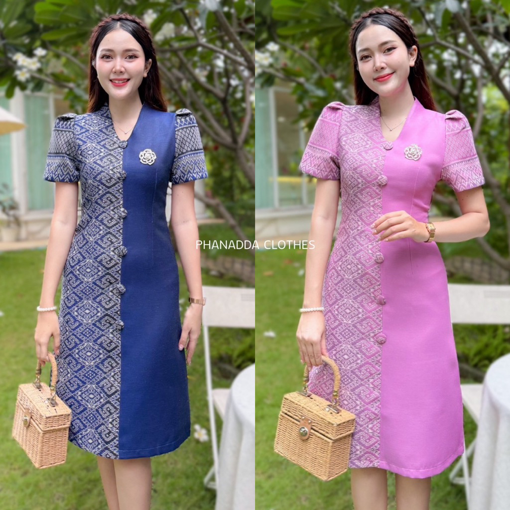 #เดรสผ้าทอลายแต่งทูโทนซิปซ่อนด้านหลัง อัดกาวทั้งชุด
