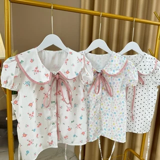 เสื้อแฟชั่นยอดนิยม ราคาถูก ลายจุด ลายพิมพ์ดอกไม้ คอบัว ผ้าครัช (คนไทยผลิต)
