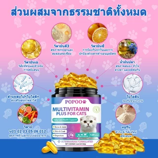 Popoo Multivitamins for Cats Supplements วิตามินแมว บำรุงสะโพกและข้อ ผิวหนังและขน การทำงานของลำไส้ อาหารแมว 120 แคปซูล