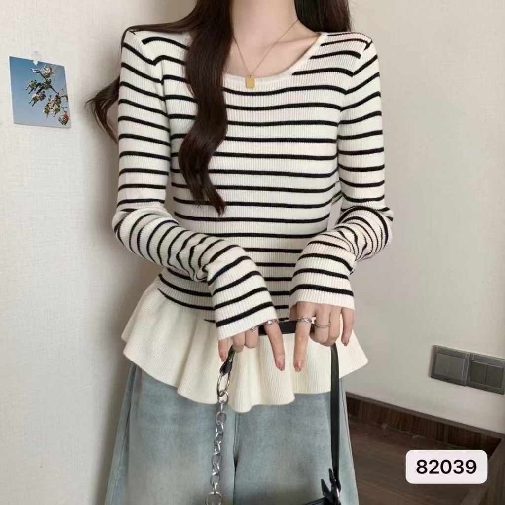 (พร้อมส่งที่ไทย#82039)เสื้อไหมพรมแขนยาวผู้หญิง ลายทาง คอกลม เนื้อผ้านิ่ม - รูปที่ 3