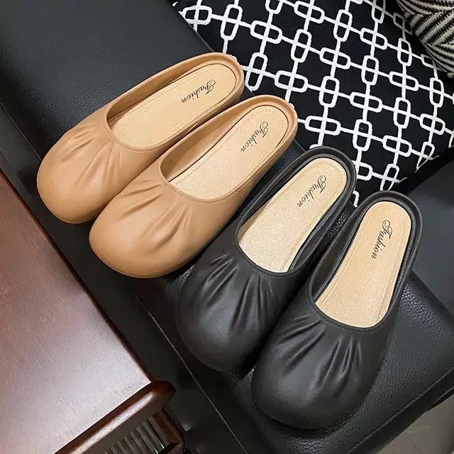 พร้อมส่งจากไทยรองเท้า 【6874】 คัทชูสีเบจพื้นเบสิคใส่สบายสวมง่ายไม่เจ็บเท้าหน้าเท้ากว้างใส่ได้