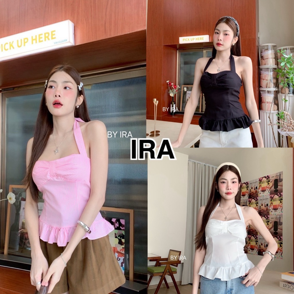 BY IRA Cassius top 🎀พร้อมส่ง🎀 เสื้อสายเดี่ยวผูกคอทรงเข้ารูป สีพื้น (polka dot) ทรงสวยมากๆๆ