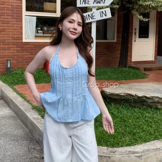 crop..shop เสื้อคล้องคอ งานสดใสสวยมาก ลมุนสุดๆ เเต่งกระดุมน่ารัก ชายพริ้วสวย ปังเลิศมากจ้า