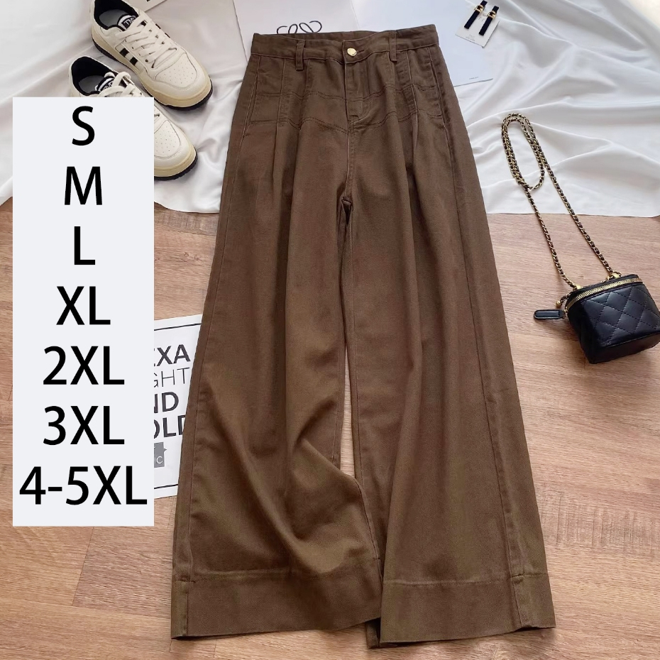 S~5XL jeans brown สุภาพสตรีสีน้ำตาลกว้างขากางเกงยีนส์เทรนด์การออกแบบความรู้สึกตรงยาวกางเกงเอวสูงลำลองร้อยกางเกงยีนส์ HOT