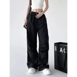 Hotgirl พร้อมส่งจากกทม กางเกงขายาวสีดำ Cargo pant กางเกงคาร์โก้เอวยางยืดอเนกประสงค์สไตล์อเมริกัน