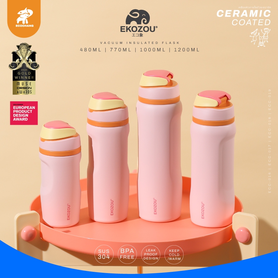 EKOZOU รุ่น EKO POPSIP ขวดน้ำสแตนเลส 304 เคลือบเซรามิก เก็บอุณหภูมิ ร้อน-เย็น มีหลอดดูดในตัว