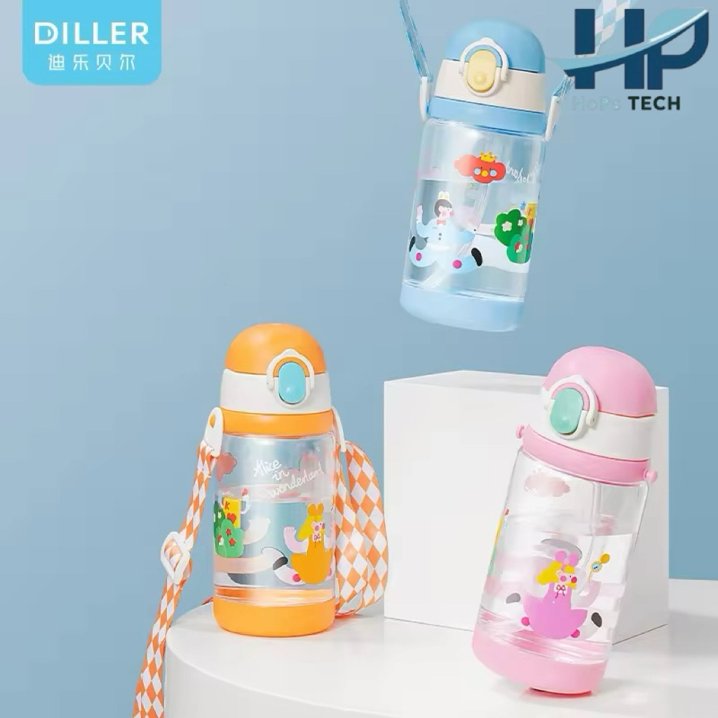 [ส่งด่วน🇹🇭ส่งไว]Diller ขวดน้ำเด็ก520 ml รุ่น Tritan BPA FREE พร้อมหลอดดูด ยกดื่ม และสายสะพาย สีสันสดใส ปลอดภัยสำหรับเด็ก