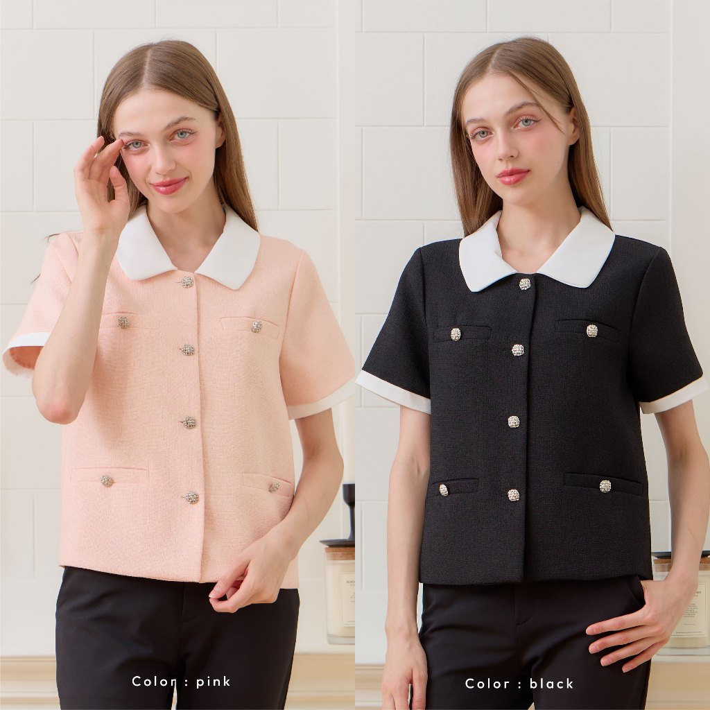 L044F6 POI เสื้อทวิตคอปกแขนสั้นกระดุมเนื้อผ้าพรีเมี่ยม กระเป๋าด้านล่าง2ข้างใช้งานได้จริง