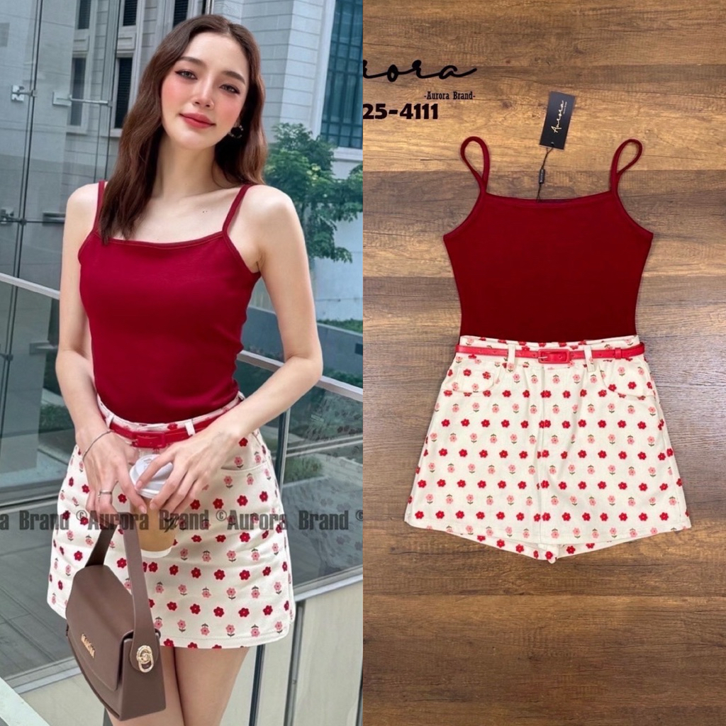พร้อมส่งS-L⚡️AR 8625 เสื้อสีแดง+กระโปรง.กางเกง+เข็มขัด ลายสดใส