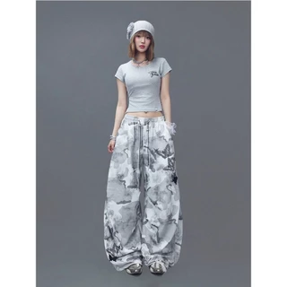 [Summer quick-drying fabric, dance camouflage pants]กางเกงขากว้างลายพรางลำลองสำหรับผู้หญิงสไตล์เกาหลี