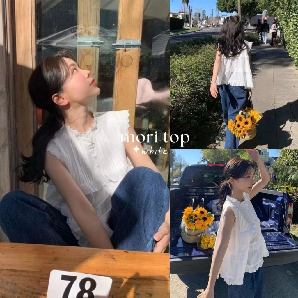 mori top เสื้อสไตล์เกาหลี ดีไซน์ระบายเป็นชั้น คอและแขนลูกไม้ ผ้าใส่สบาย