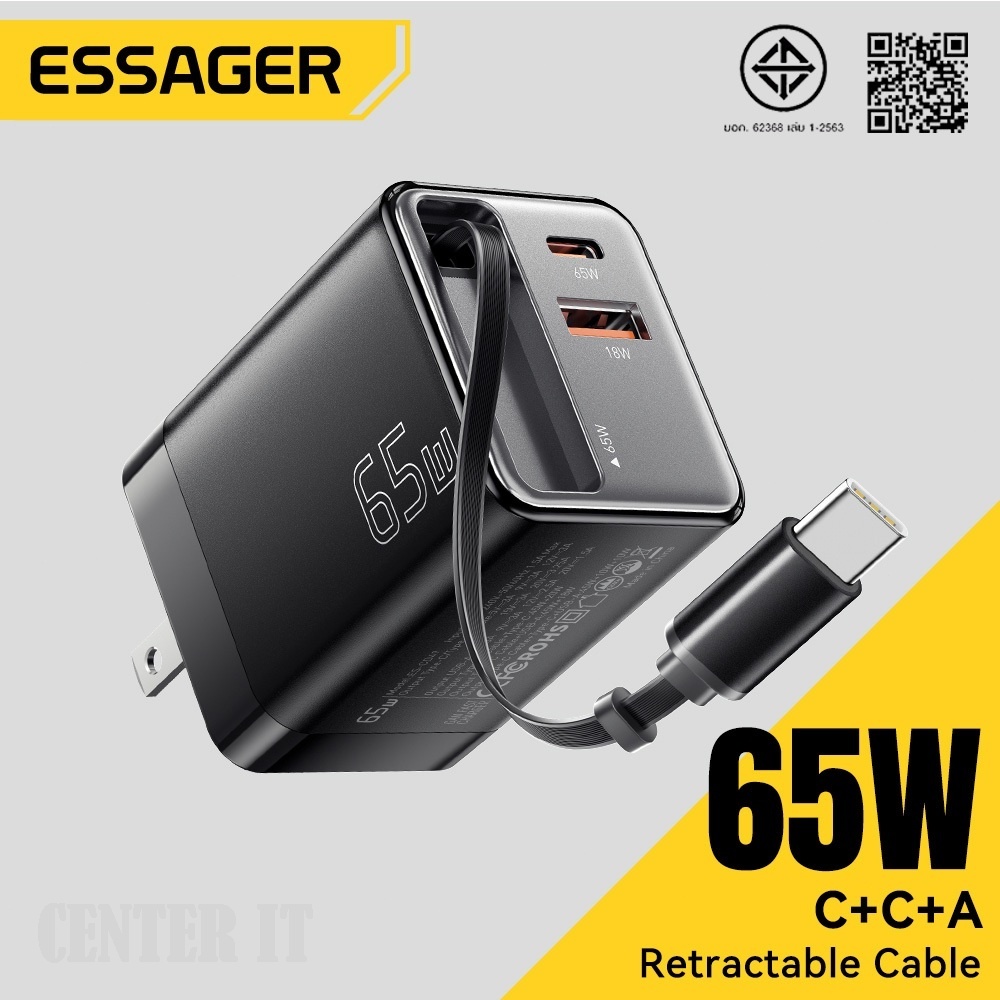 Essager USB Type C 65W หัวชาร์จพร้อมสาย ที่ชาร์จโทรศัพท์ ชาร์จเร็ว ชาร์จGaN 65W อะแดปเตอร์ เครื่องชาร์จพร้อมสายในตัว