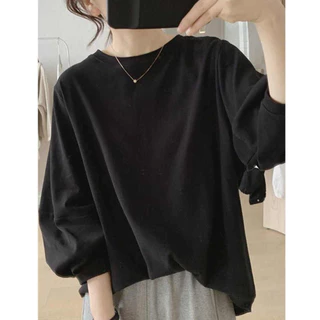 cherryshop พร้อมส่ง เสื้อยืดแขนยาวผู้หญิงสไตล์เกาหลีเรียบง่ายใหม่ สีพื้น คอกลม ทรงหลวม แขนพอง หวานและน่ารัก