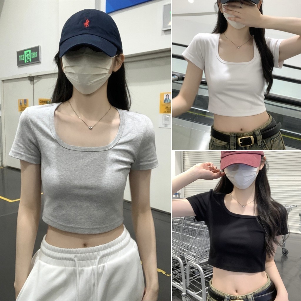 Hotgirl พร้อมส่ง เสื้อครอป เสื้อยืดผู้หญิง เข้ารูป ครอปแขนสั้น แฟชั่น สีพื้น เซ็กซี่ ลำลอง ใช้งานได้หลากหลาย สไตล์เกาหลี