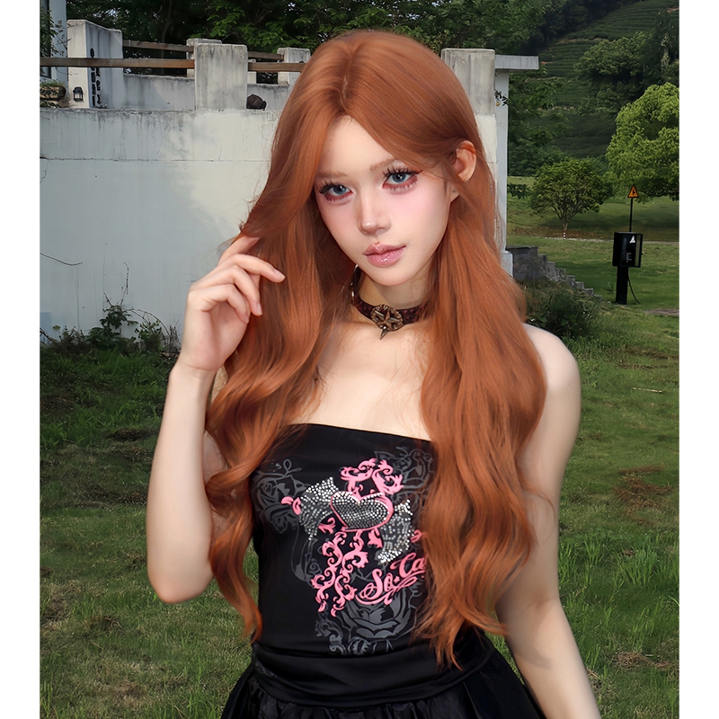 GDS Wigs วิกผมลอนสีส้มแอปริคอต ไม่มีหน้าม้า (ยาว 76 cm)