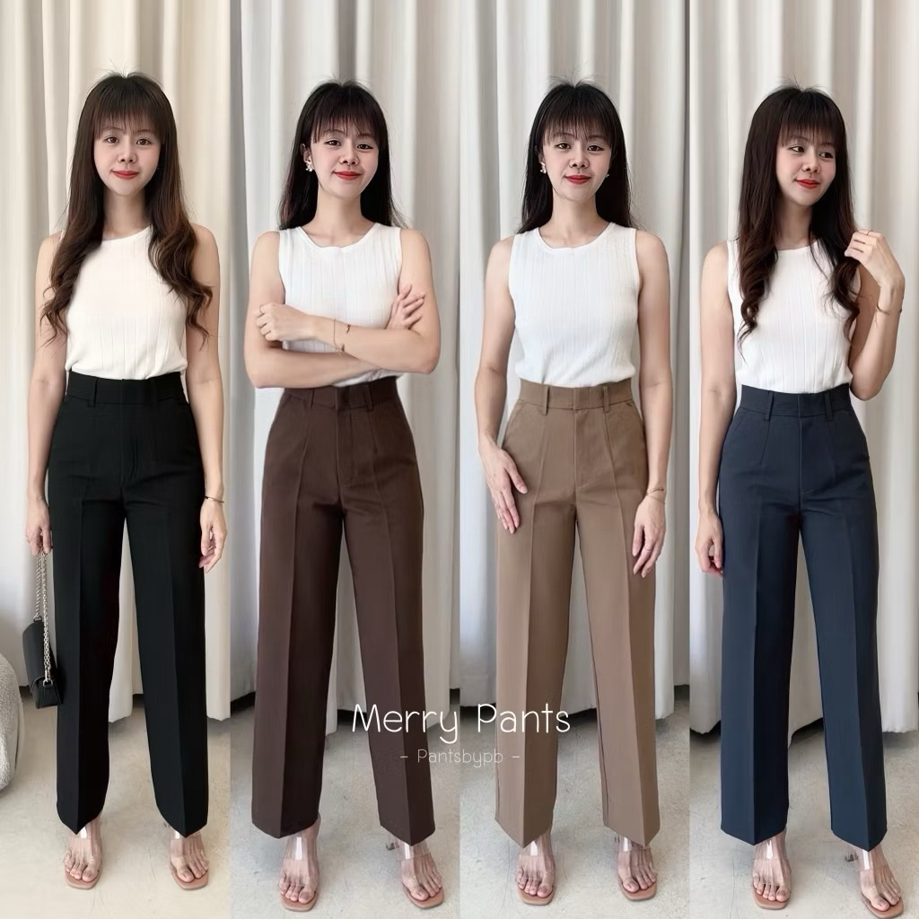 Merry Pants | กางเกงกระบอกกลางเอวสูง ผ้าไอรีส