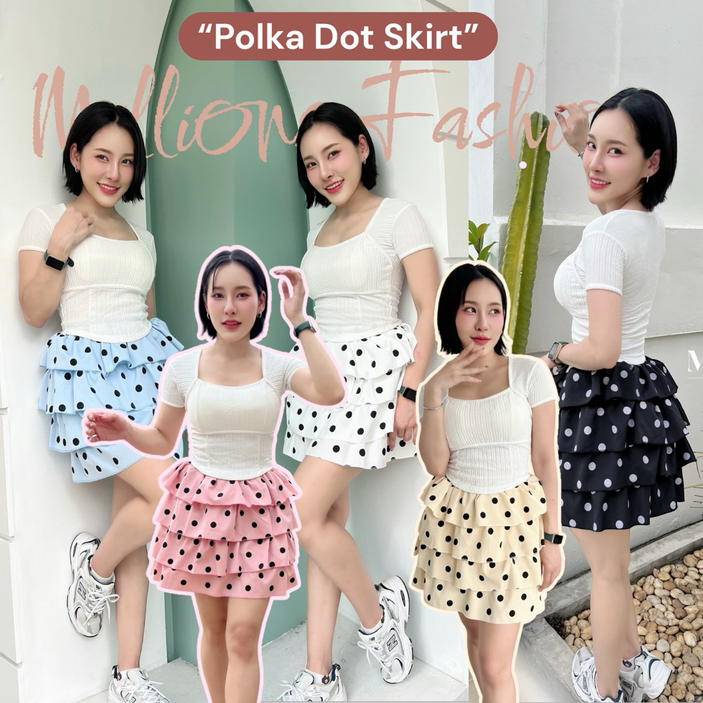 ✨Kaidee99✨ กระโปรง แต่งระบายชั้น มีซับใน ผ้าครัช ลายจุด