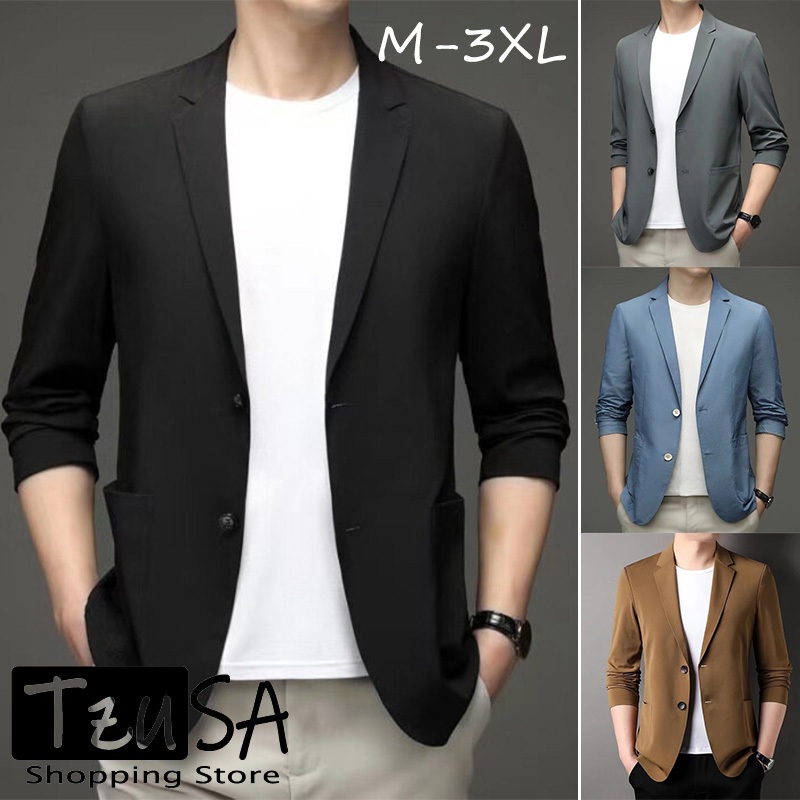 เสื้อแจ็คเก็ตสูทลำลองผู้ชายสุดหล่อมาใหม่ ชุดสูทสีทึบหลวม ไซส์ M-3XL ความรู้สึกขั้นสูง บางเบา