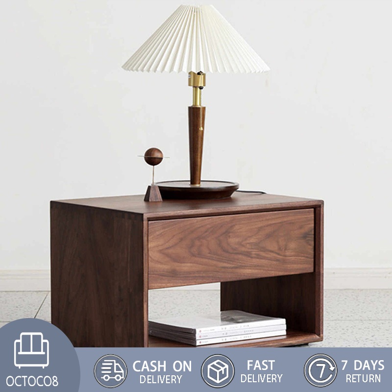 【OCTOC08】โต๊ะข้างเตียงนอร์ดิก 55cmตู้เก็บของสีดำ ความรู้สึกในการออกแบบตู้เก็บไม้รมควัน โต๊ะข้างเตียงสีดำ